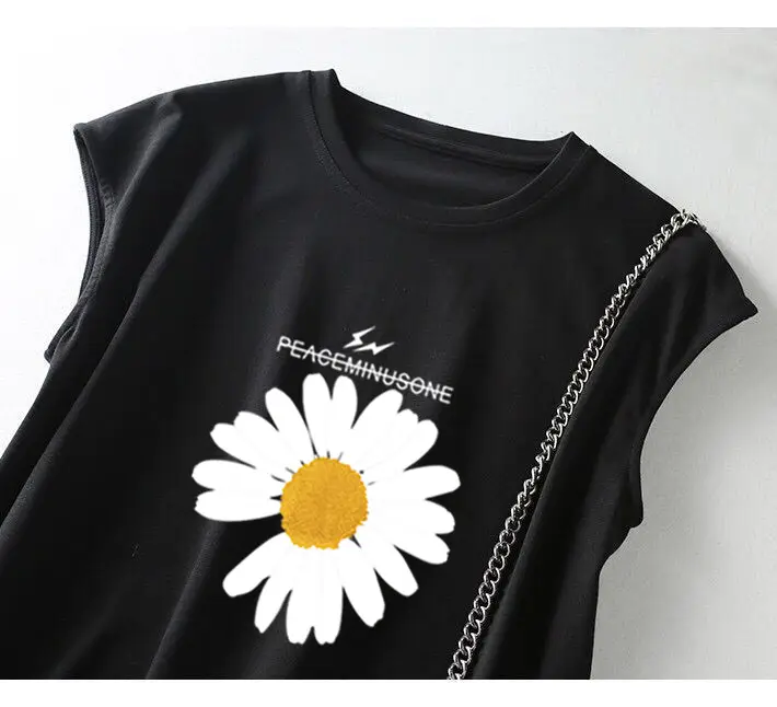 Women Loose Slimming T-shirt Dress Black Daisy Print Mid Length — feature 8