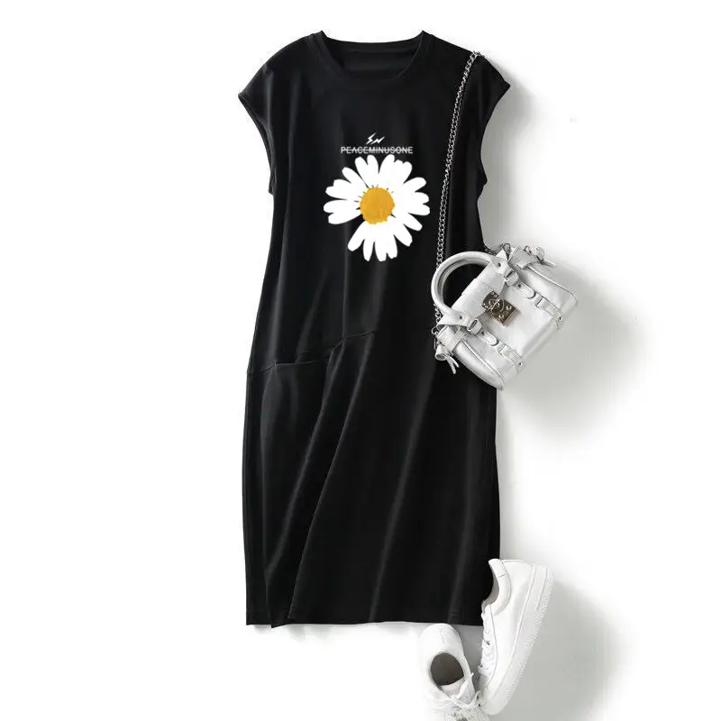Women Loose Slimming T-shirt Dress Black Daisy Print Mid Length — feature 9