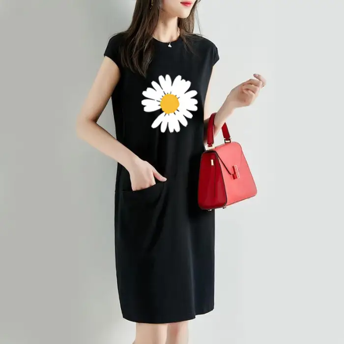 Women Loose Slimming T-shirt Dress Black Daisy Print Mid Length - Image 10
