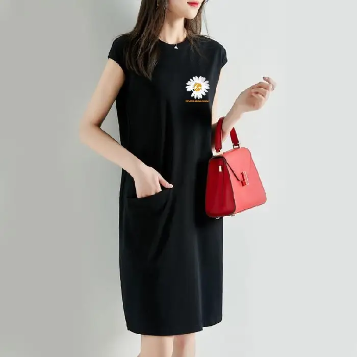 Women Loose Slimming T-shirt Dress Black Daisy Print Mid Length - Image 14
