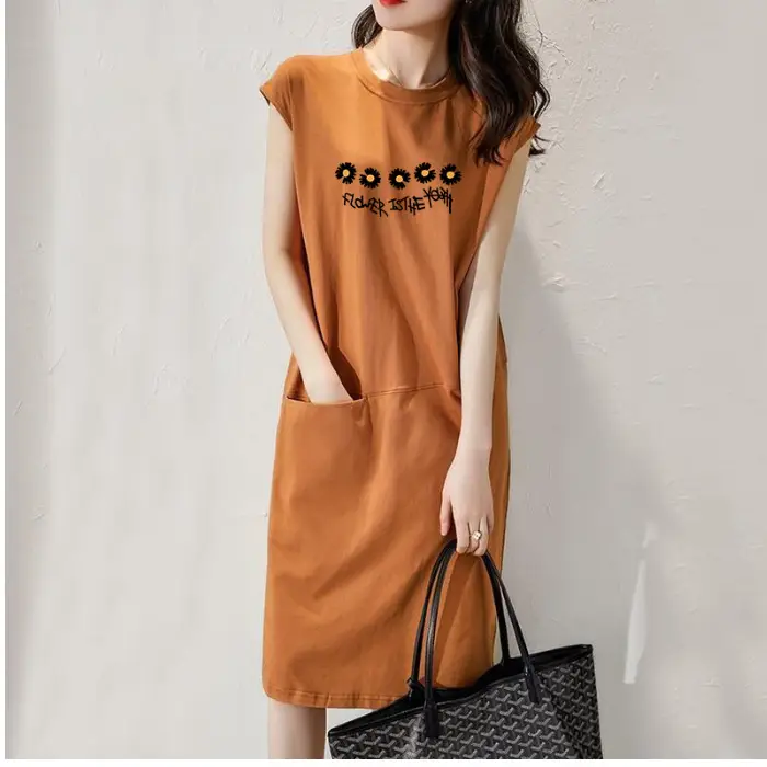 Women Loose Slimming T-shirt Dress Black Daisy Print Mid Length - Image 19
