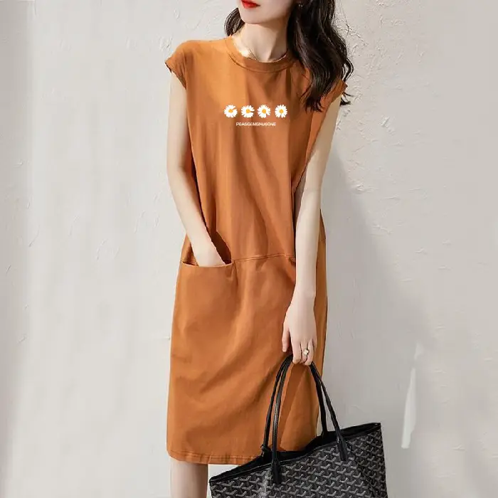 Women Loose Slimming T-shirt Dress Black Daisy Print Mid Length - Image 21