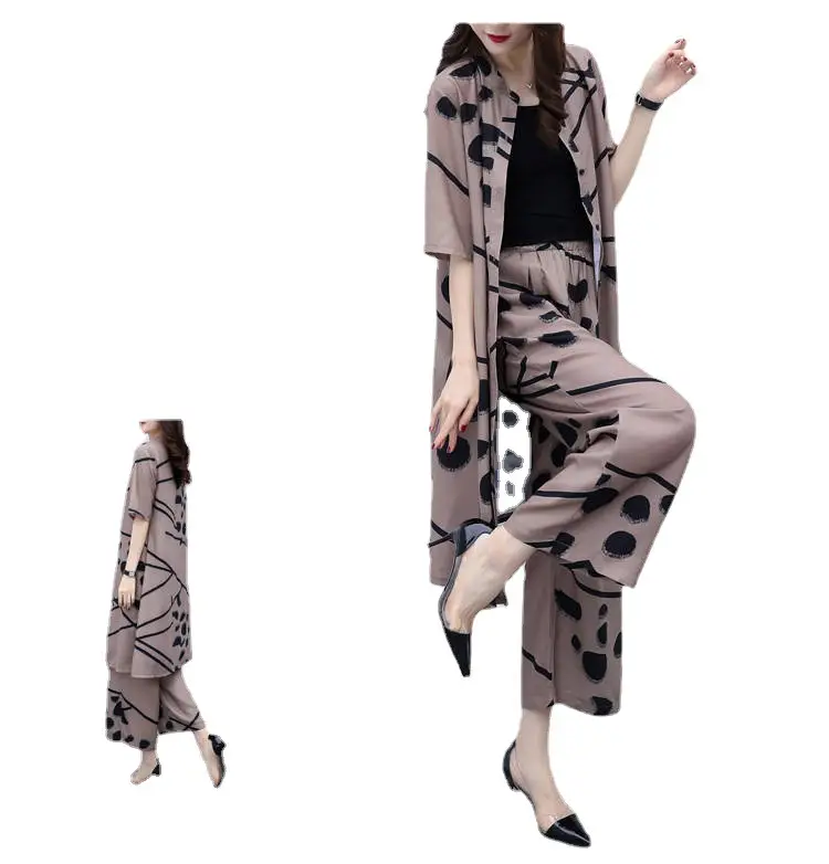 Women Korean Short Sleeve Cardigan Top Wide Leg Pants Set Large - Image 6