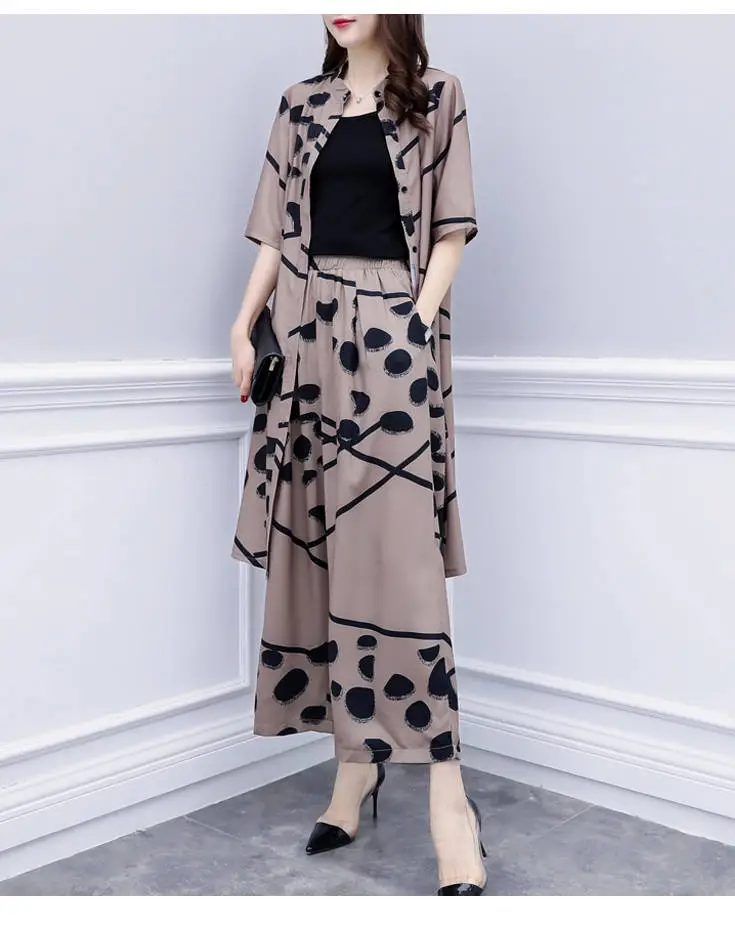 Women Korean Short Sleeve Cardigan Top Wide Leg Pants Set Large — feature 12