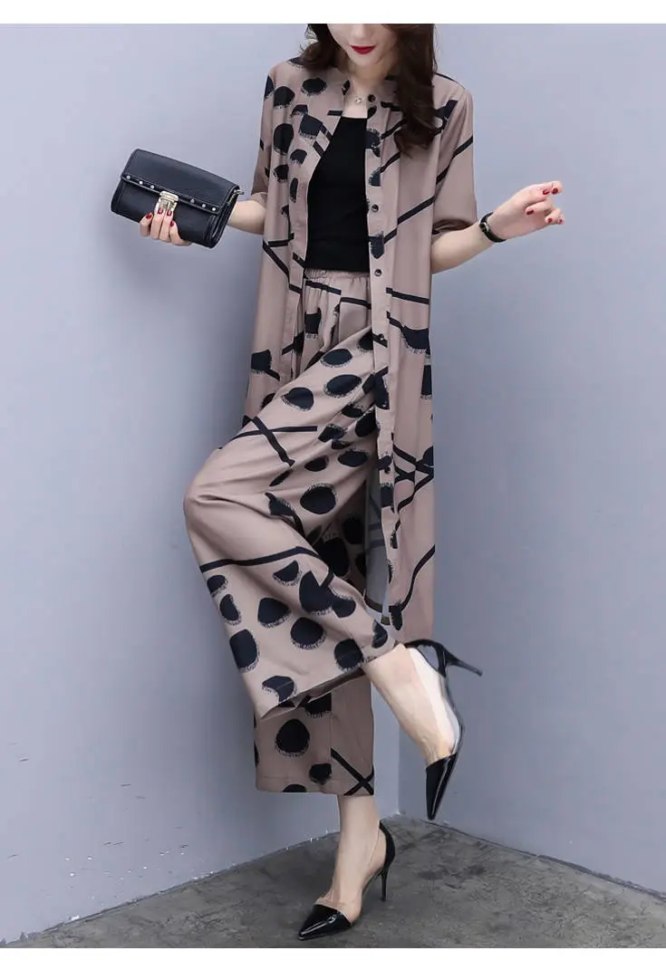 Women Korean Short Sleeve Cardigan Top Wide Leg Pants Set Large — feature 13
