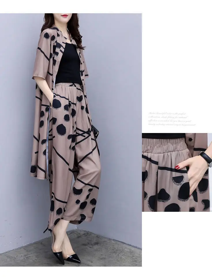 Women Korean Short Sleeve Cardigan Top Wide Leg Pants Set Large — feature 15