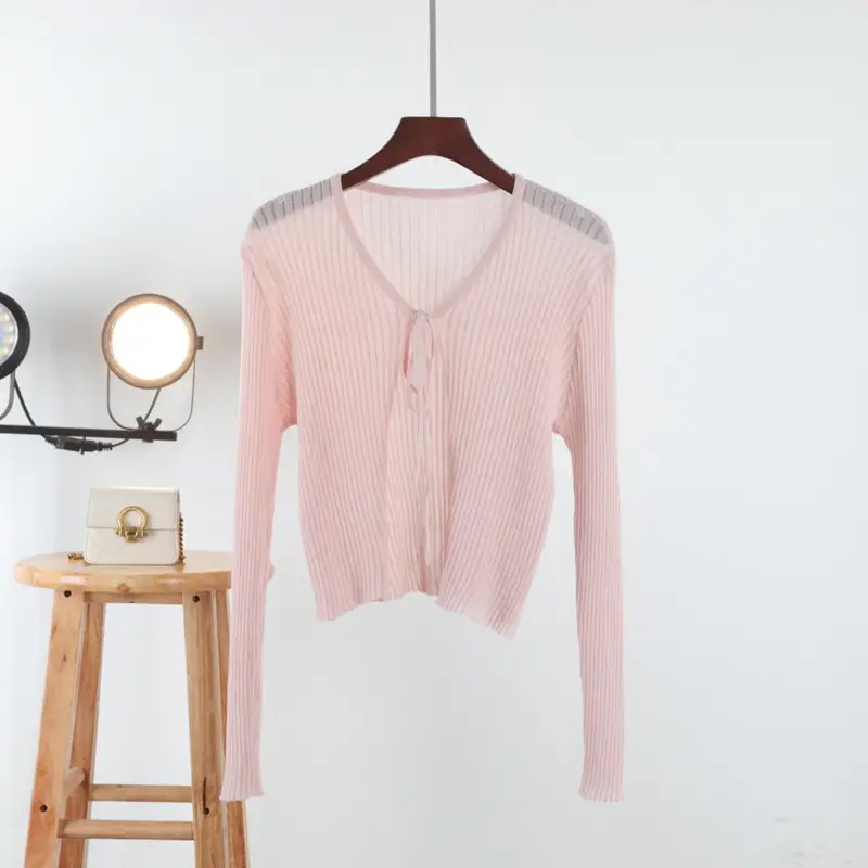 Women's Pink Knitted Cardigan with Bow Short Sleeve - Image 2