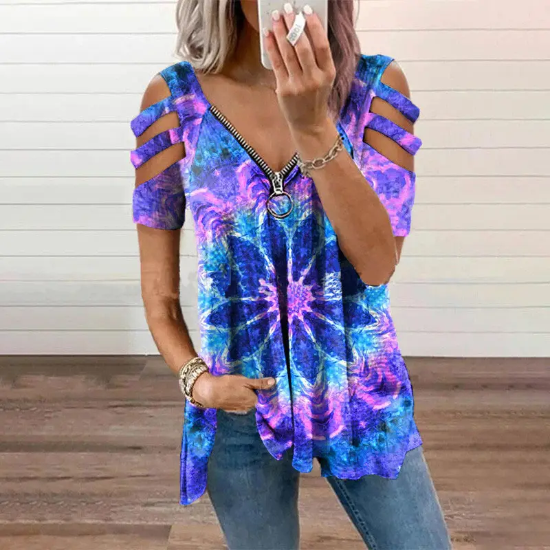 2021 Cross-Border Printed V Neck Zipper T-Shirt for Women - Image 16