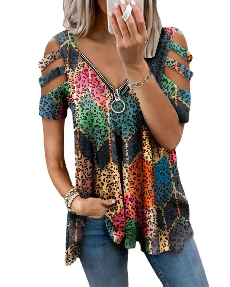 2021 Cross-Border Printed V Neck Zipper T-Shirt for Women - Image 18