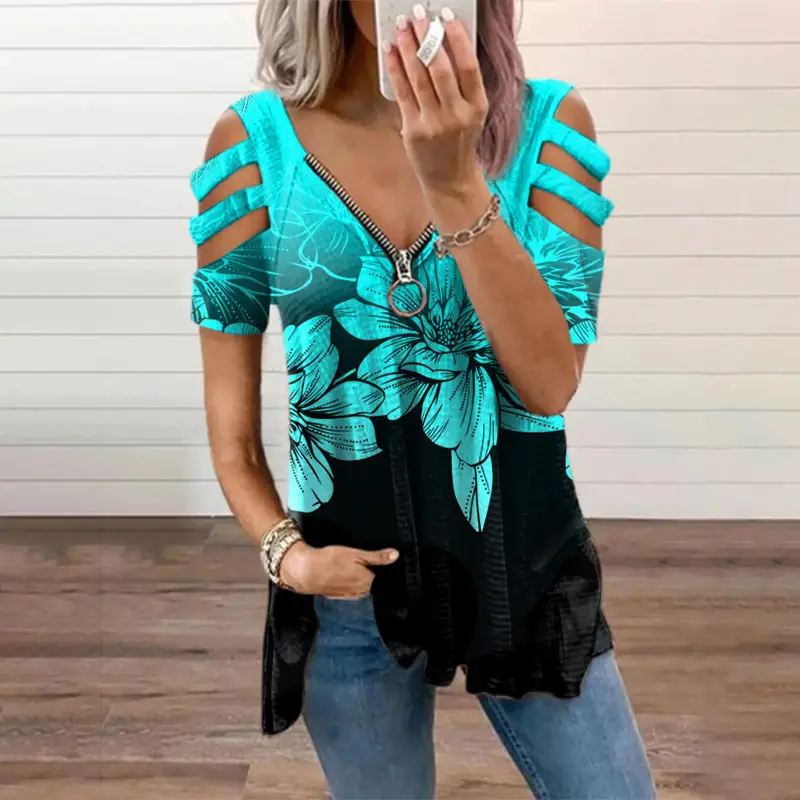2021 Cross-Border Printed V Neck Zipper T-Shirt for Women - Image 10