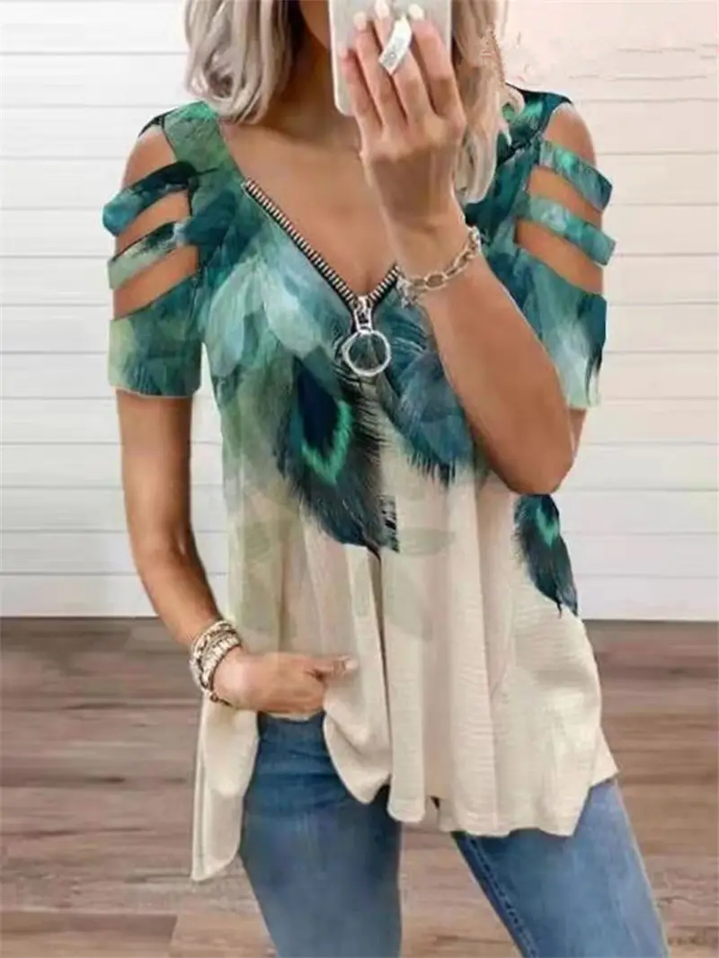 2021 Cross-Border Printed V Neck Zipper T-Shirt for Women - Image 11