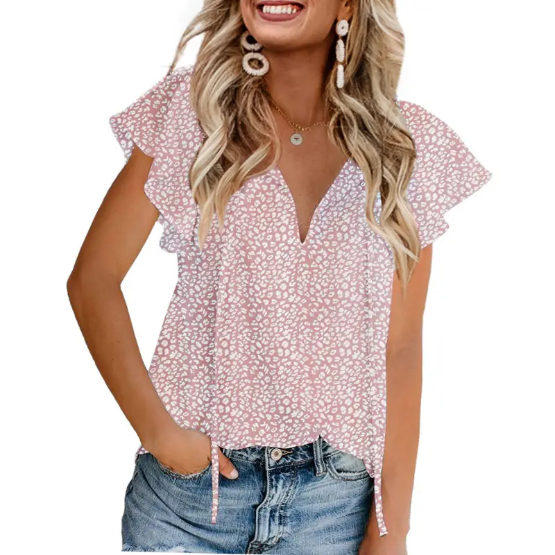 Women's V Neck Chiffon Floral Summer Top 8 Colors - Image 2