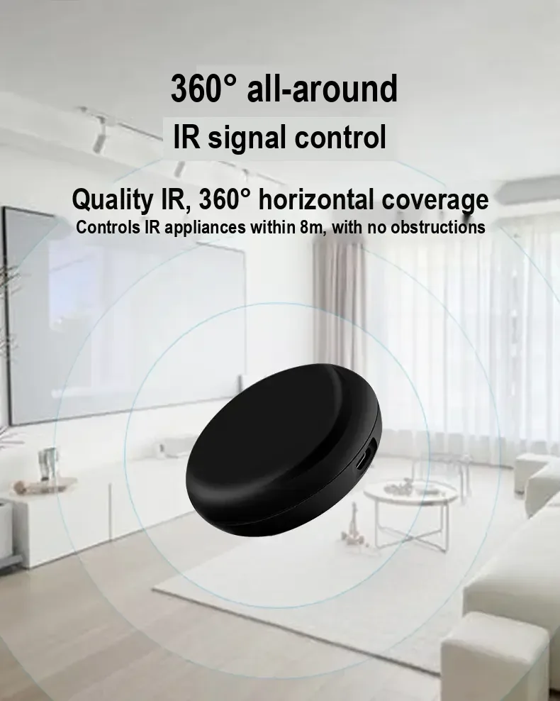 Controller illustration describing 360-degree infrared coverage and up to 8 m unobstructed range