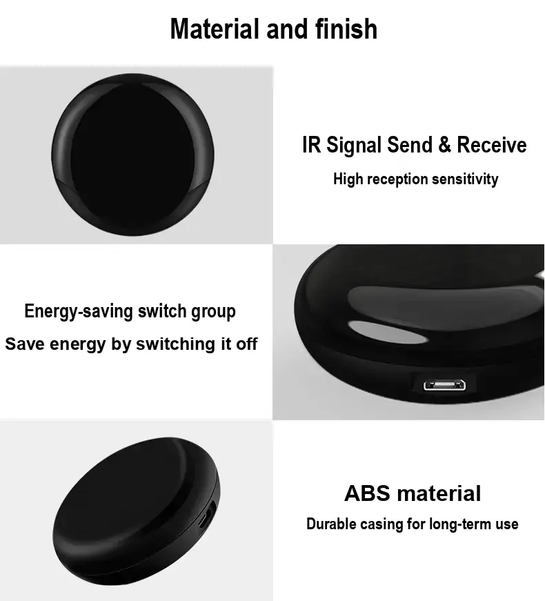 Controller close-ups with text identifying ABS material and infrared signal features