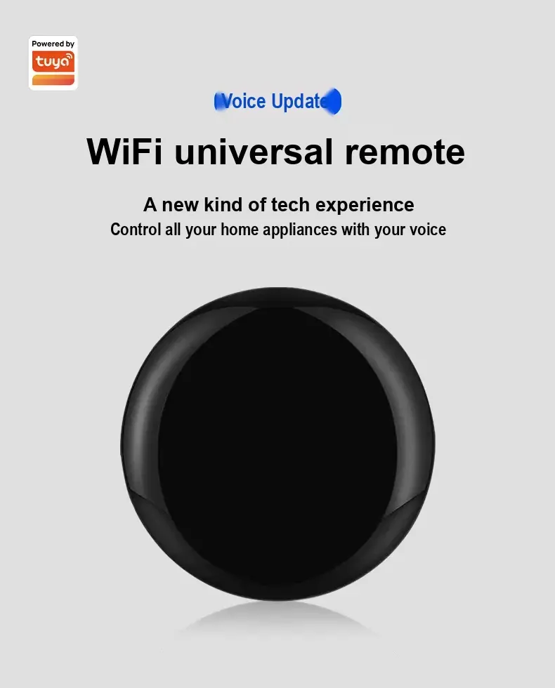 Black round WiFi universal remote controller with Tuya branding in the graphic