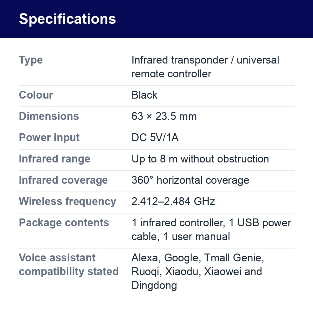 WiFi Universal Infrared Remote Controller – specifications