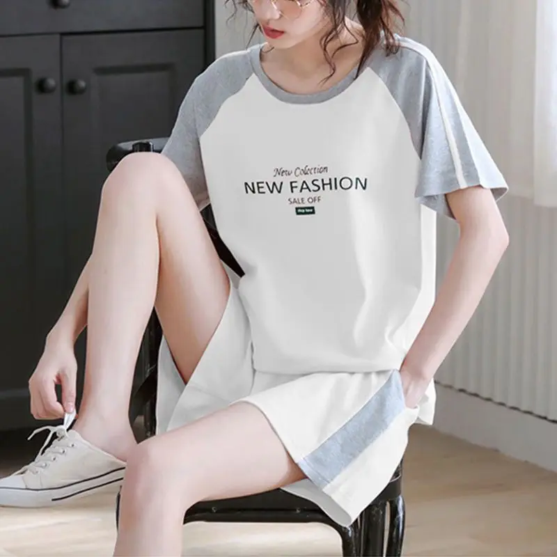 Women's Green Short Sleeve Korean Style Shorts Set Large