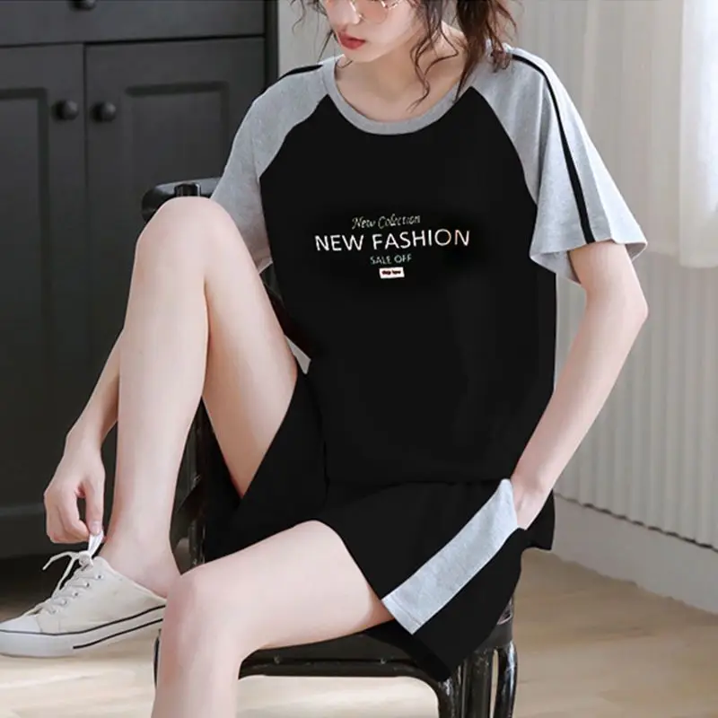 Women's Green Short Sleeve Korean Style Shorts Set Large