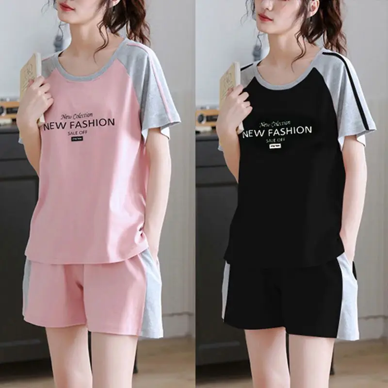 Women's Green Short Sleeve Korean Style Shorts Set Large