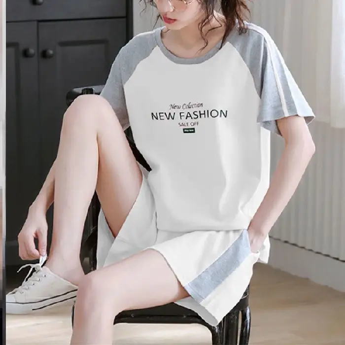 Women's Green Short Sleeve Korean Style Shorts Set Large