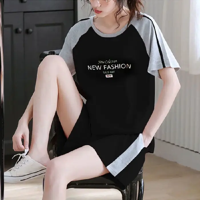 Women's Green Short Sleeve Korean Style Shorts Set Large