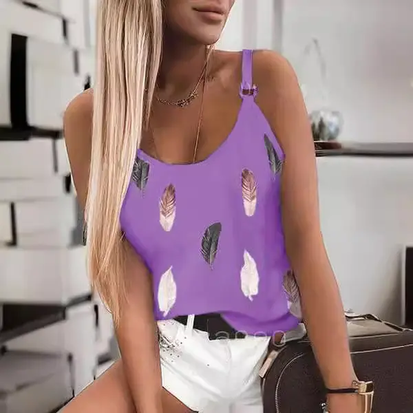 Purple Feather Print Women's Camisole 2021 Summer - Image 8