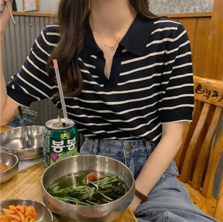 Women Lazy Stripes T-Shirt Summer 2025 V Neck Half Sleeve - Image 5