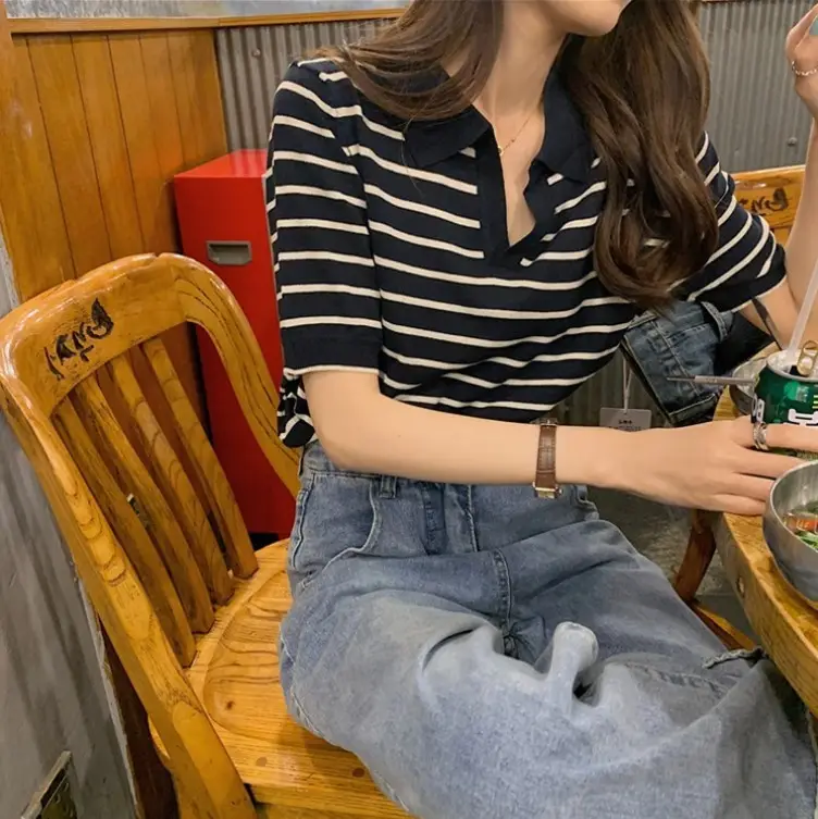 Women Lazy Stripes T-Shirt Summer 2025 V Neck Half Sleeve - Image 6