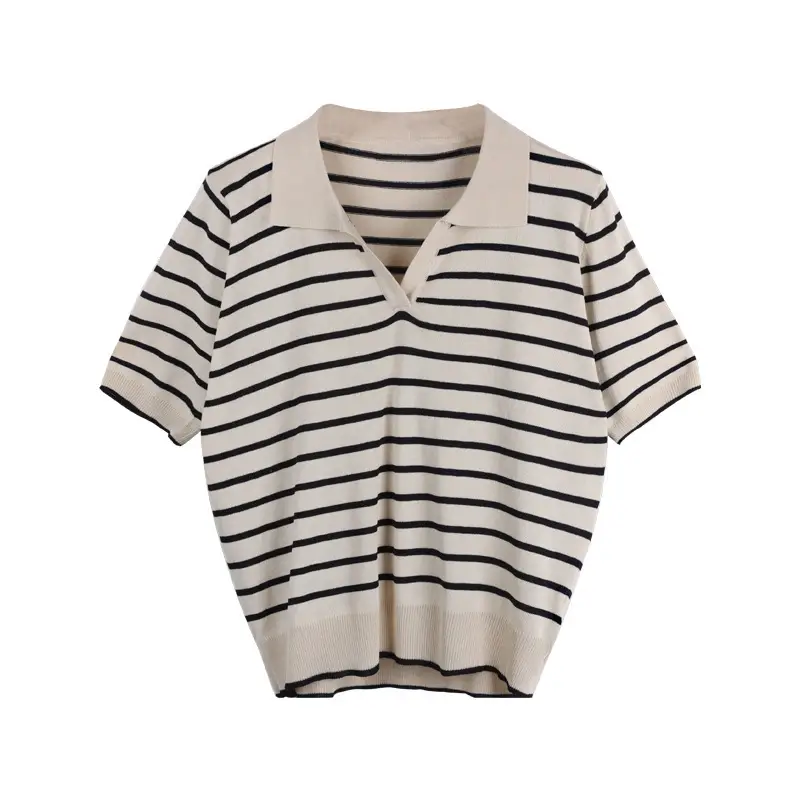 Women Lazy Stripes T-Shirt Summer 2025 V Neck Half Sleeve - Image 7