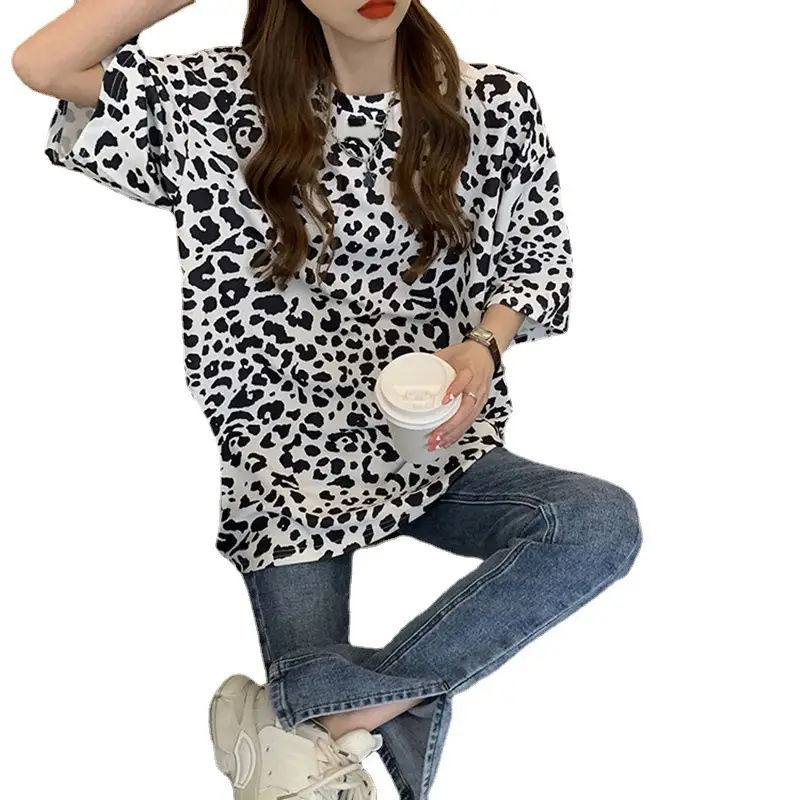 2021 Leopard Print Women's T-Shirt Mid Length Loose Fit - Image 6