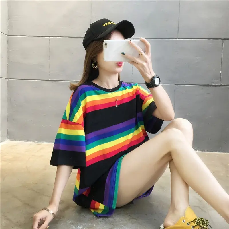 Rainbow Striped Women's T-Shirt Large Size Spring 2021 - Image 3