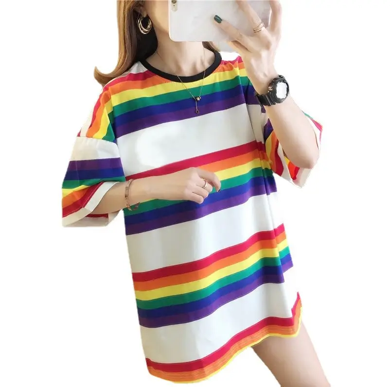 Rainbow Striped Women's T-Shirt Large Size Spring 2021 - Image 5