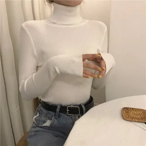 Women's Green Slim Fit High Collar Long Sleeve Top