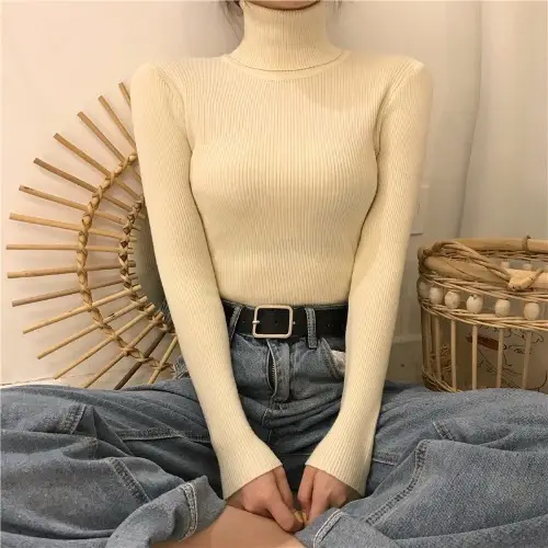Women's Green Slim Fit High Collar Long Sleeve Top
