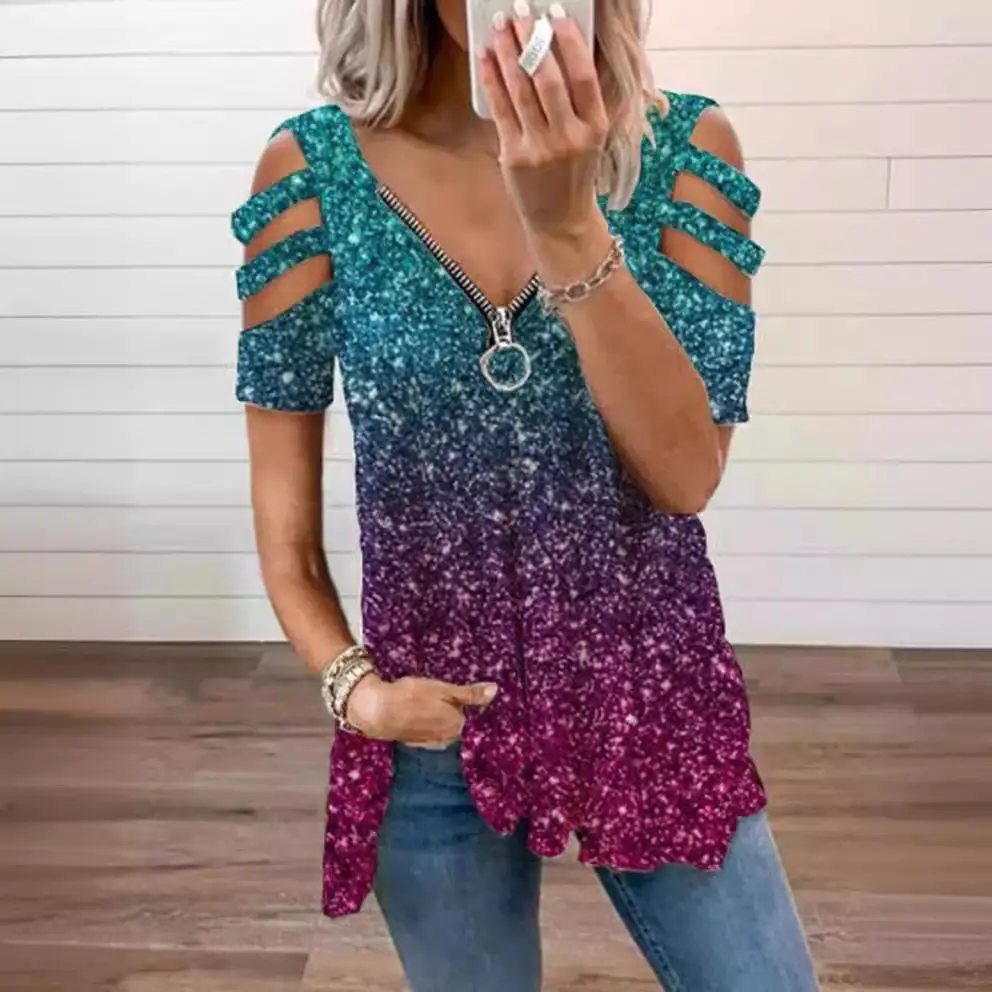 2026 V-Neck Zipper Pullover Women's Loose T-Shirt