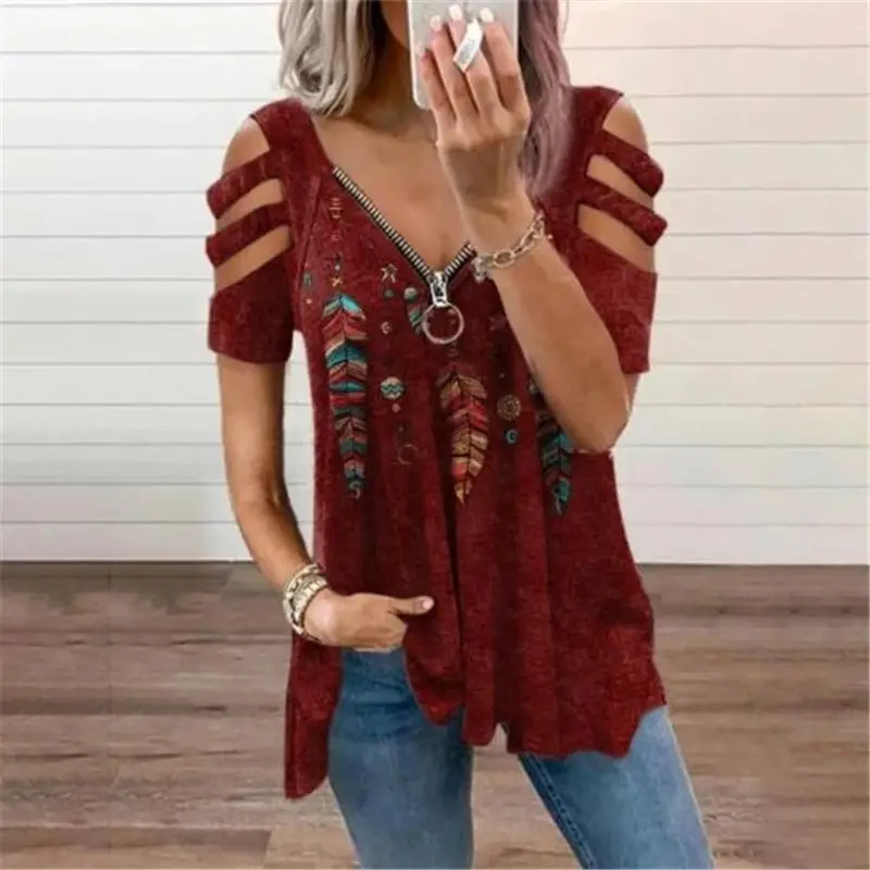 2026 V-Neck Zipper Pullover Women's Loose T-Shirt