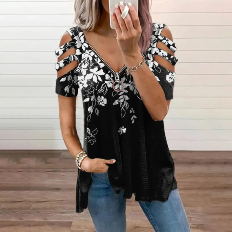 2026 V-Neck Zipper Pullover Women's Loose T-Shirt