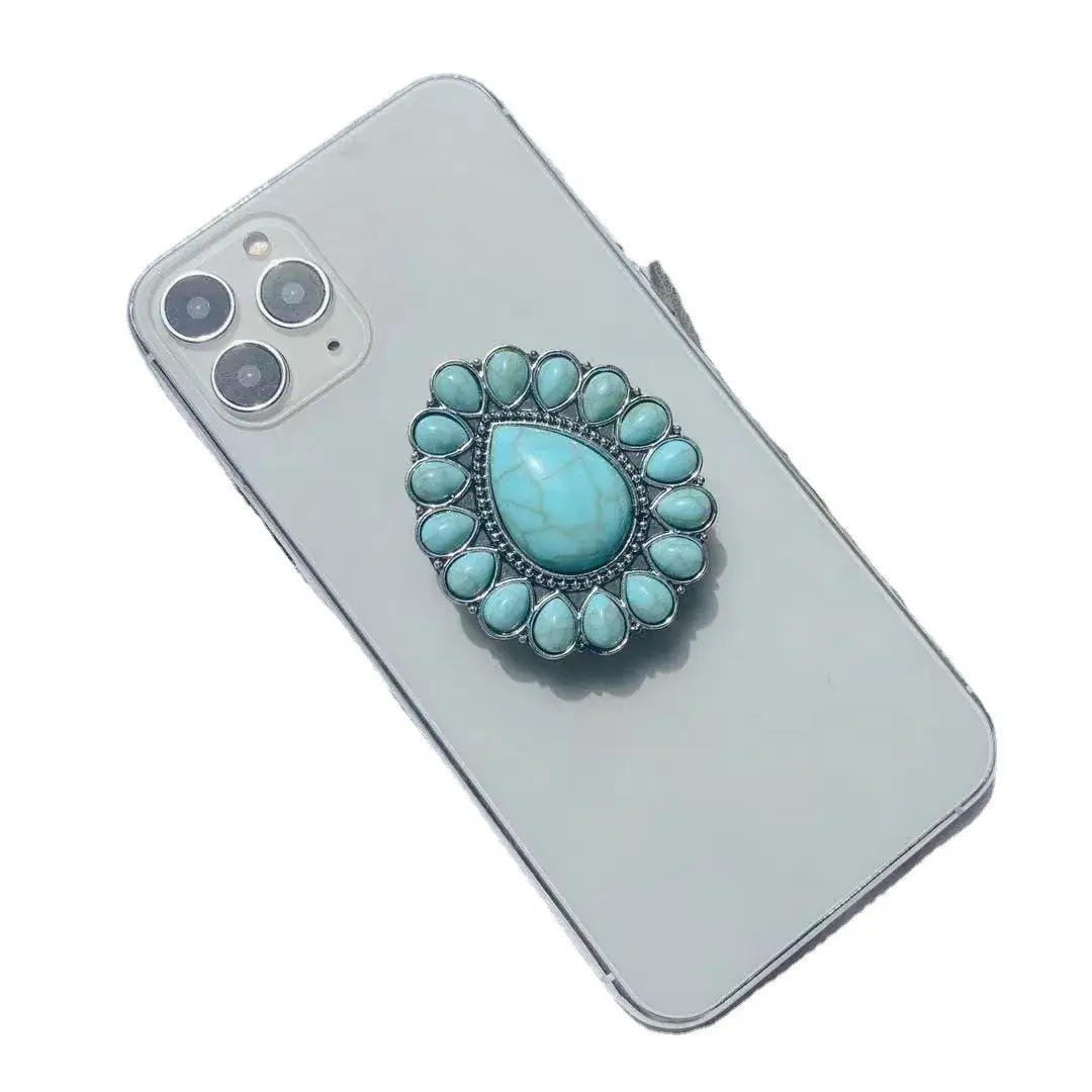 Turquoise Retro Mobile Phone Holder with Stone Design