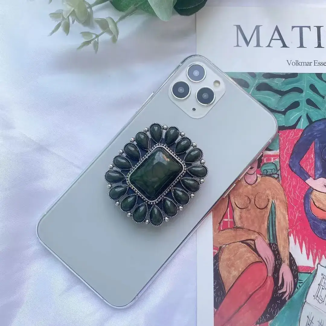 Turquoise Retro Mobile Phone Holder with Stone Design