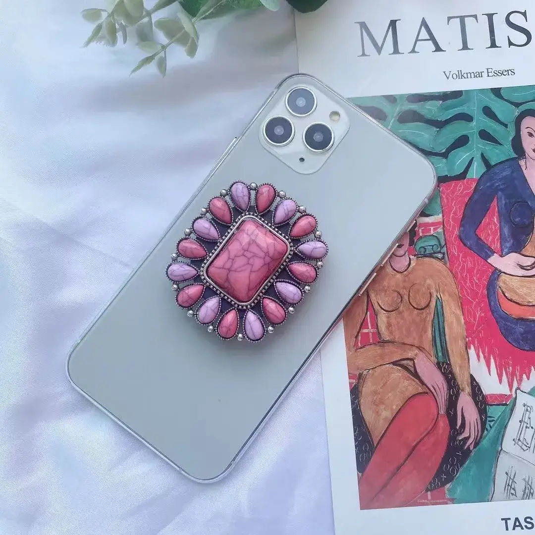 Turquoise Retro Mobile Phone Holder with Stone Design