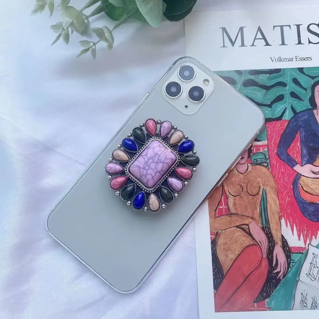 Turquoise Retro Mobile Phone Holder with Stone Design