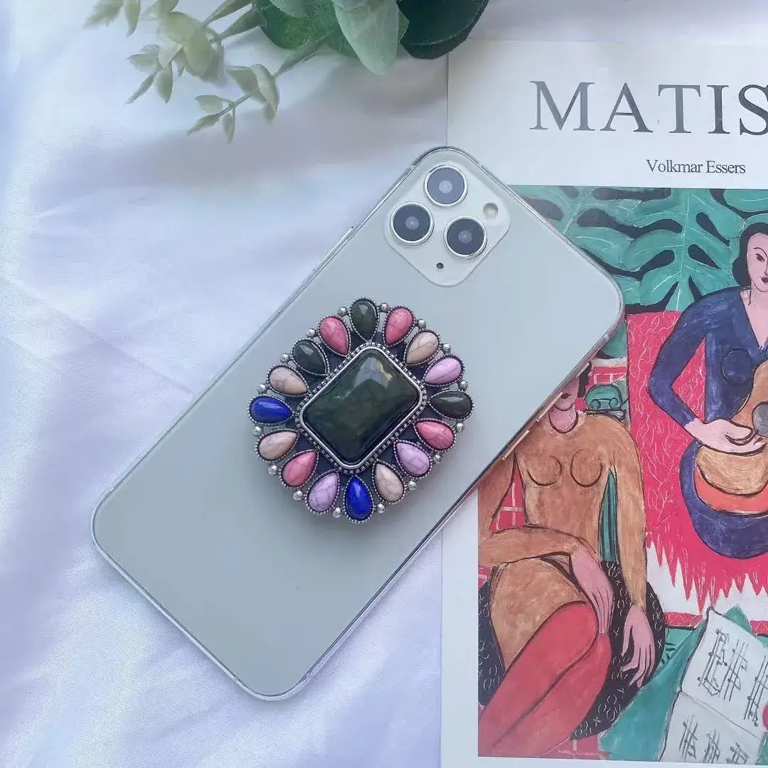 Turquoise Retro Mobile Phone Holder with Stone Design