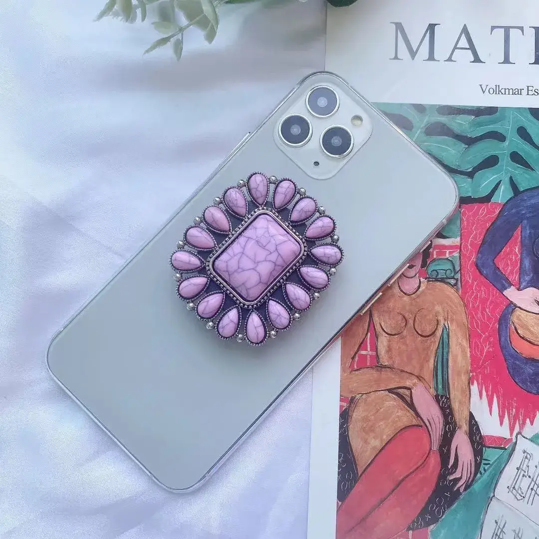 Turquoise Retro Mobile Phone Holder with Stone Design