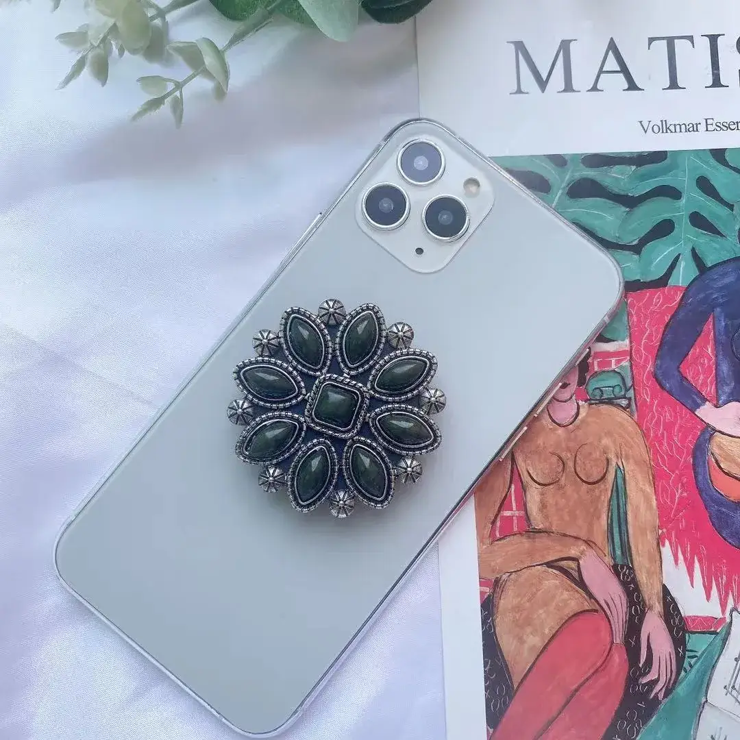 Turquoise Retro Mobile Phone Holder with Stone Design