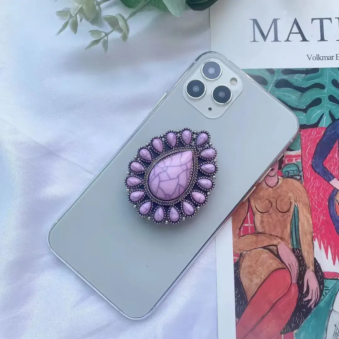Turquoise Retro Mobile Phone Holder with Stone Design