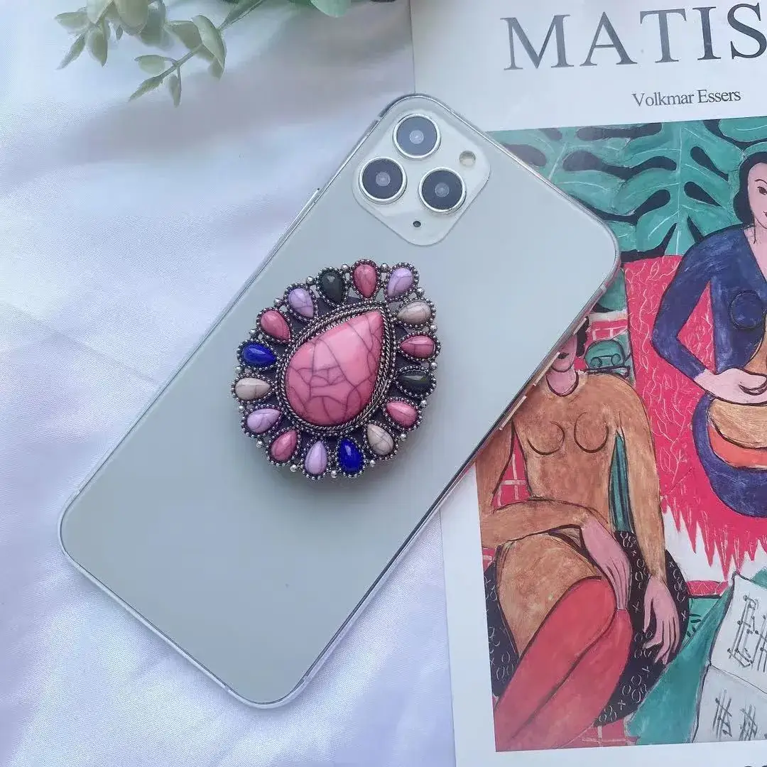 Turquoise Retro Mobile Phone Holder with Stone Design