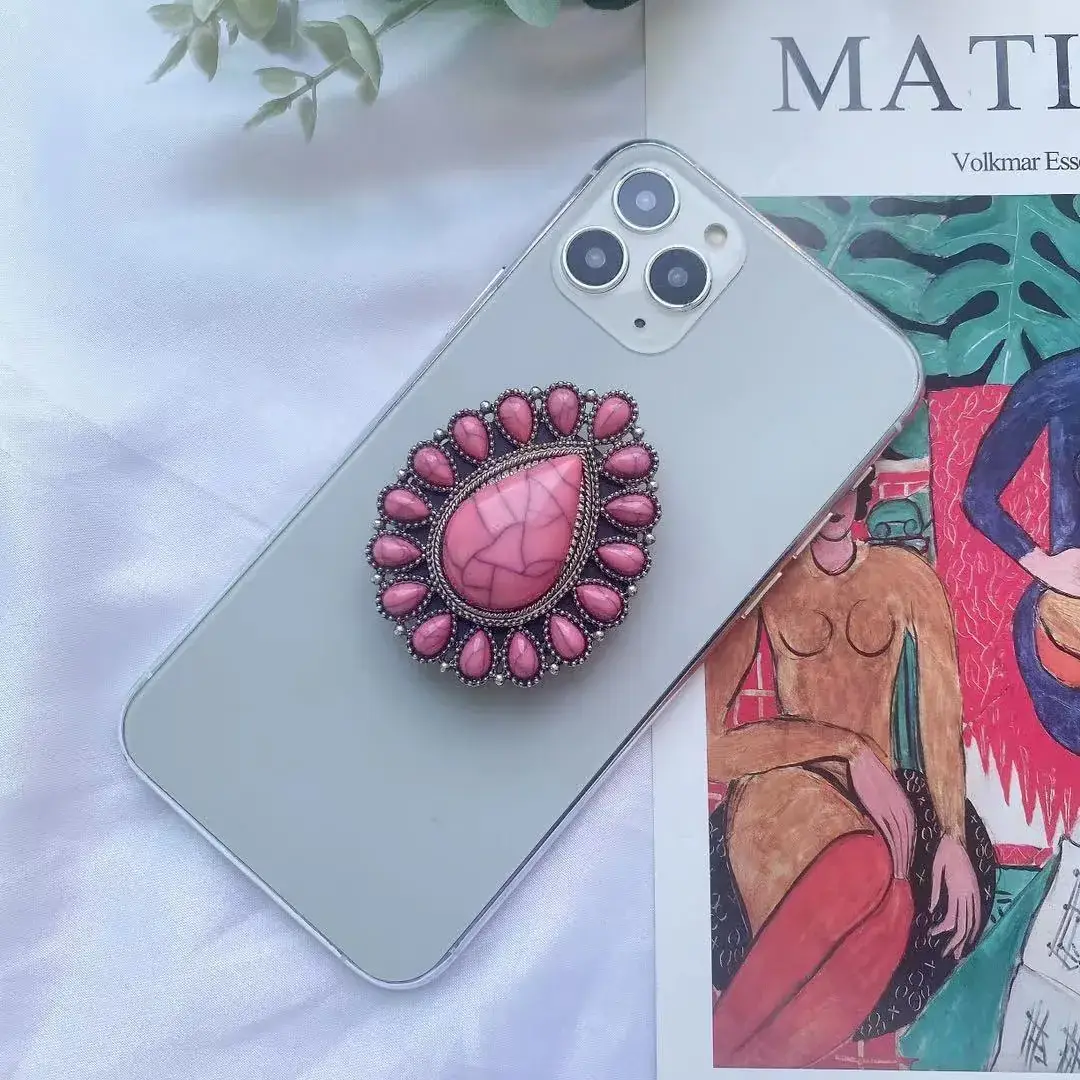Turquoise Retro Mobile Phone Holder with Stone Design