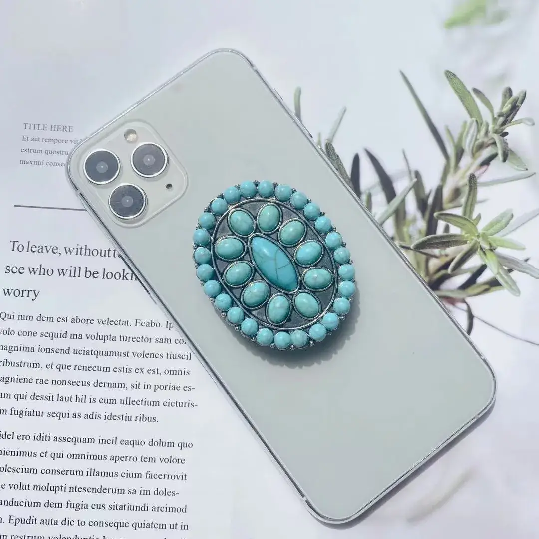Turquoise Retro Mobile Phone Holder with Stone Design
