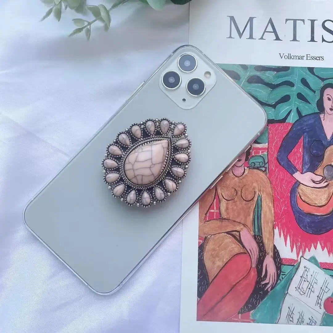 Turquoise Retro Mobile Phone Holder with Stone Design
