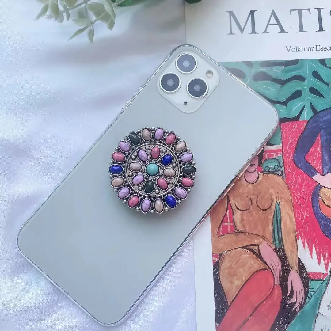 Turquoise Retro Mobile Phone Holder with Stone Design